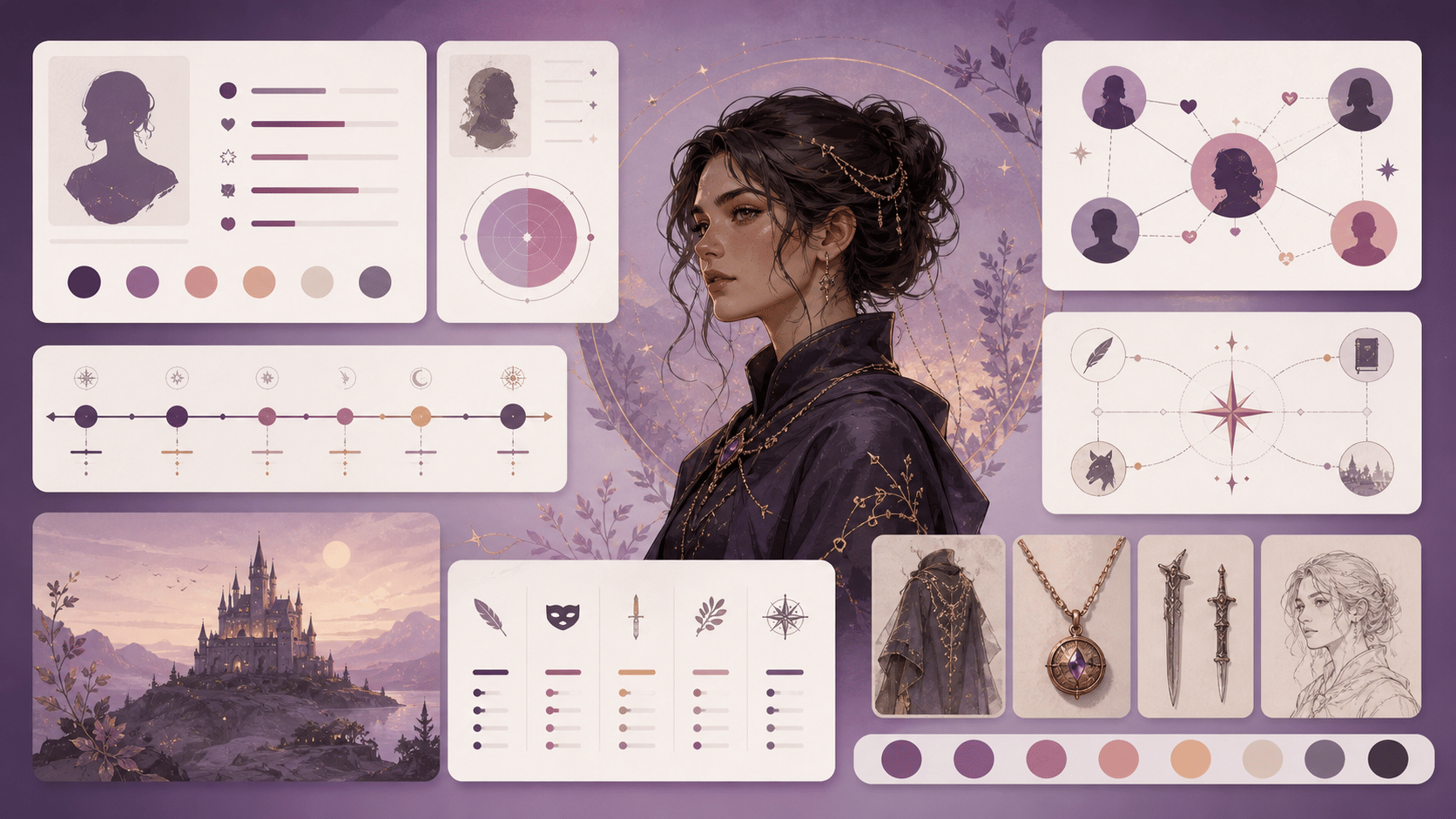 Illustrated character kit with a portrait, profile notes, relationships, and story ideas
