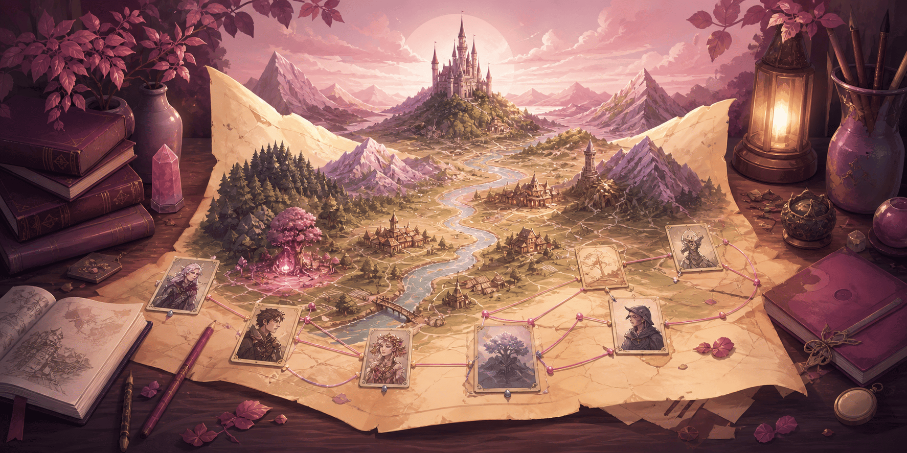 A fantasy world map connecting original characters, locations, and story relationships