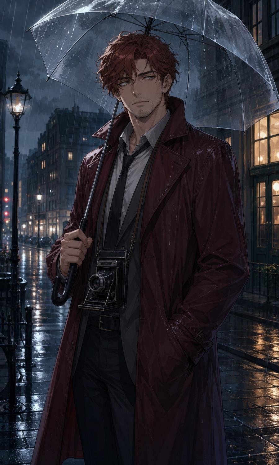Rainy city detective, an original anime OC maker example created for Headcanon