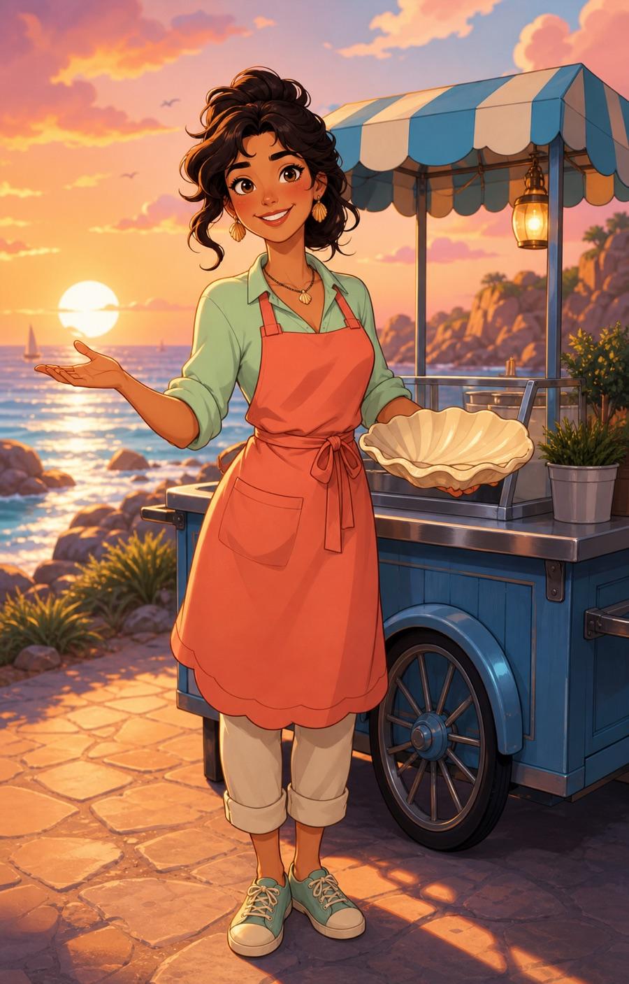 Seaside food-cart owner, an original cartoon OC maker example created for Headcanon