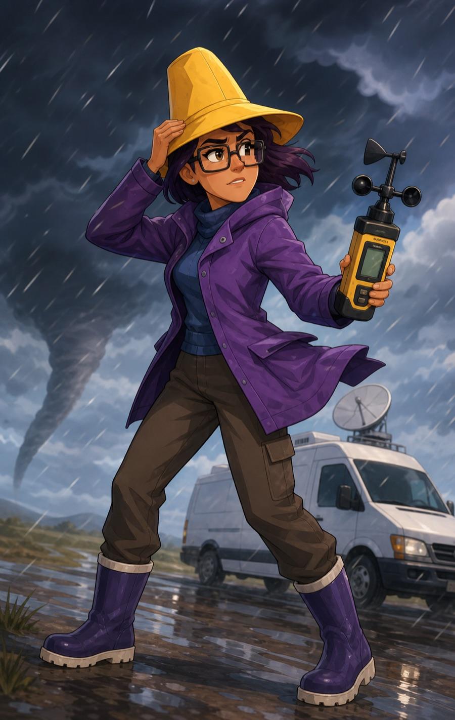 Storm-chasing reporter, an original cartoon OC maker example created for Headcanon