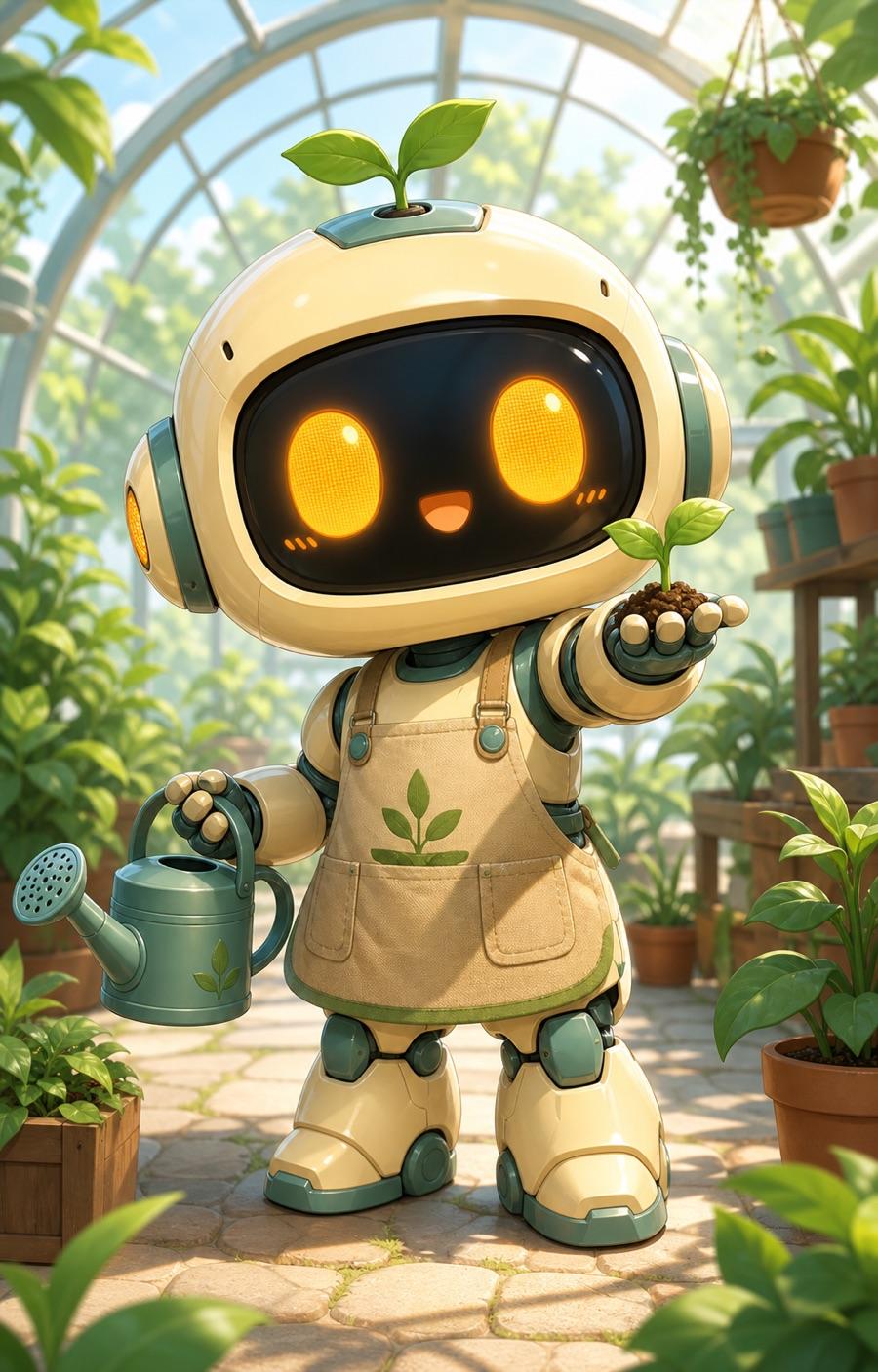 Excited robot gardener, an original chibi OC maker example created for Headcanon