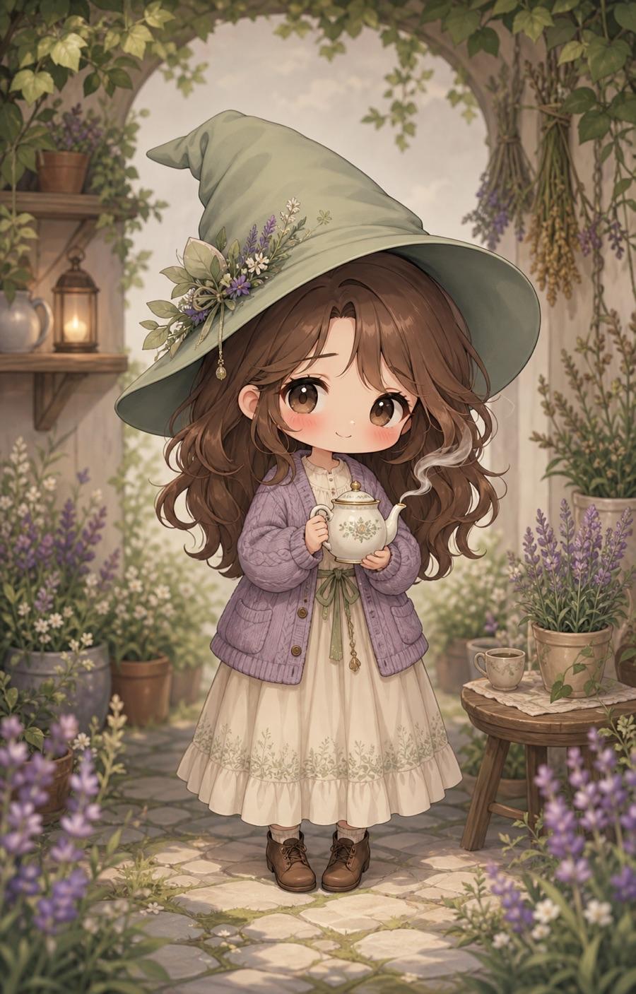 Shy tea witch, an original chibi OC maker example created for Headcanon