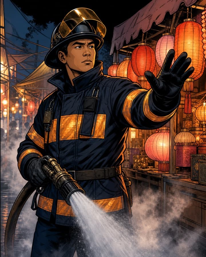 Night-market fire marshal, an original comic OC maker example created for Headcanon