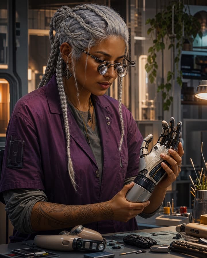 Night clinic prosthetist, an original cyberpunk OC maker example created for Headcanon