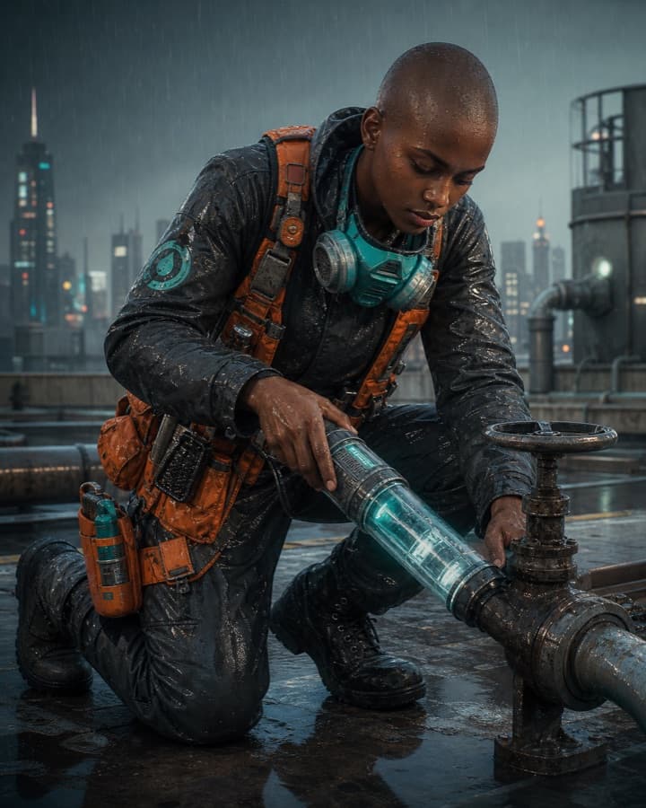 Rainwater network mechanic, an original cyberpunk OC maker example created for Headcanon