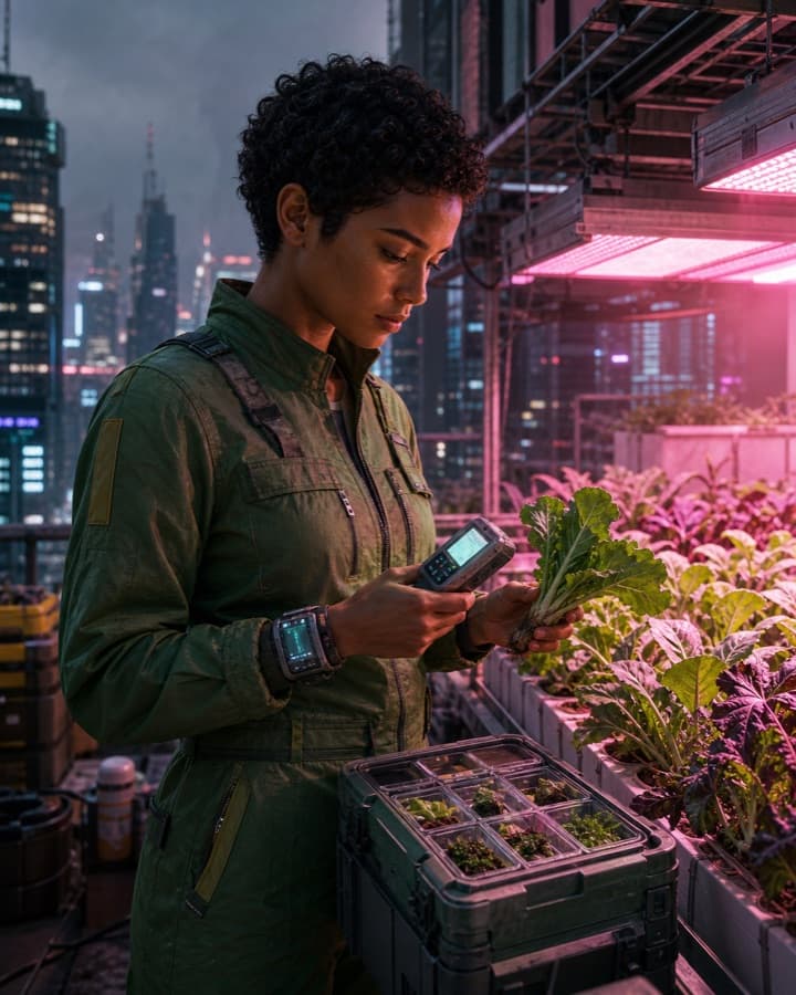 Rooftop crop inspector, an original cyberpunk OC maker example created for Headcanon