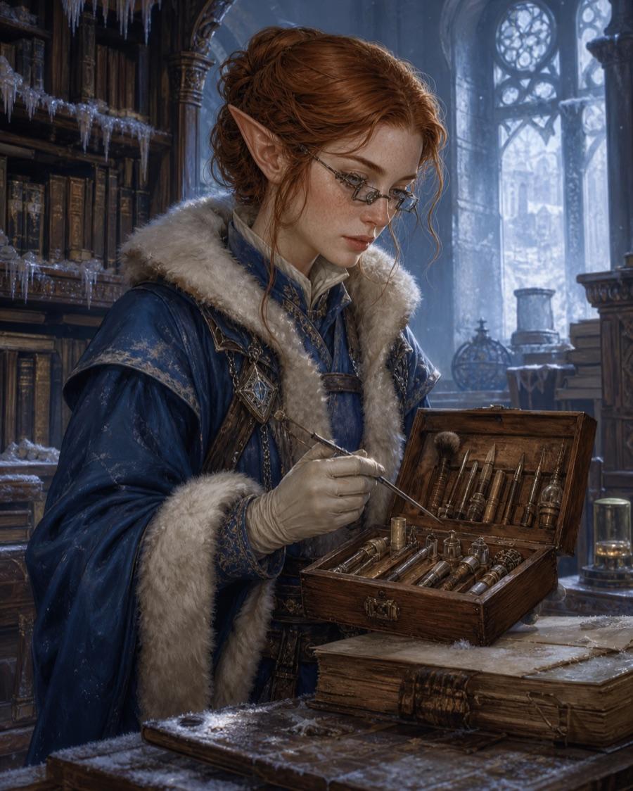Winter archive restorer, an original elf OC maker example created for Headcanon