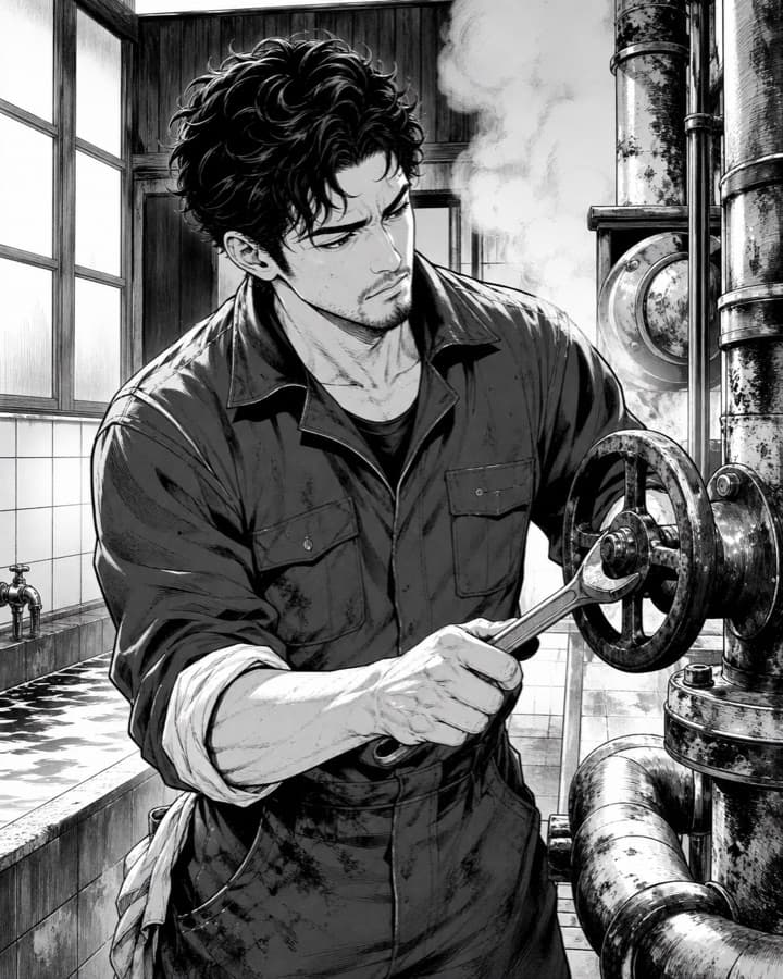 Neighborhood bathhouse mechanic, an original manga OC maker example created for Headcanon