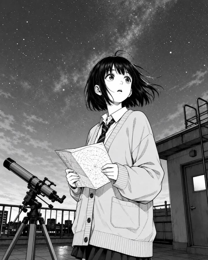 Rooftop astronomy student, an original manga OC maker example created for Headcanon