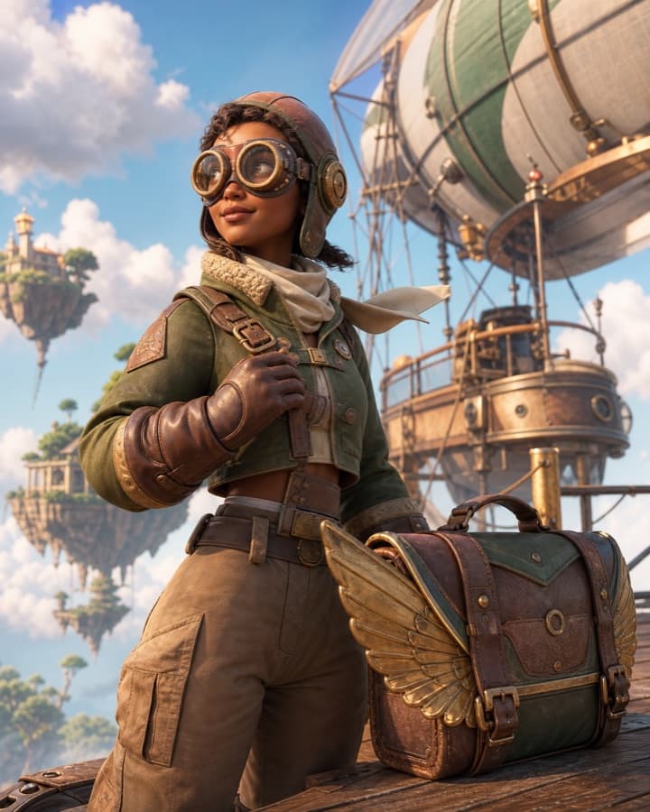 Floating-island postal pilot, an original 3D OC maker example created for Headcanon
