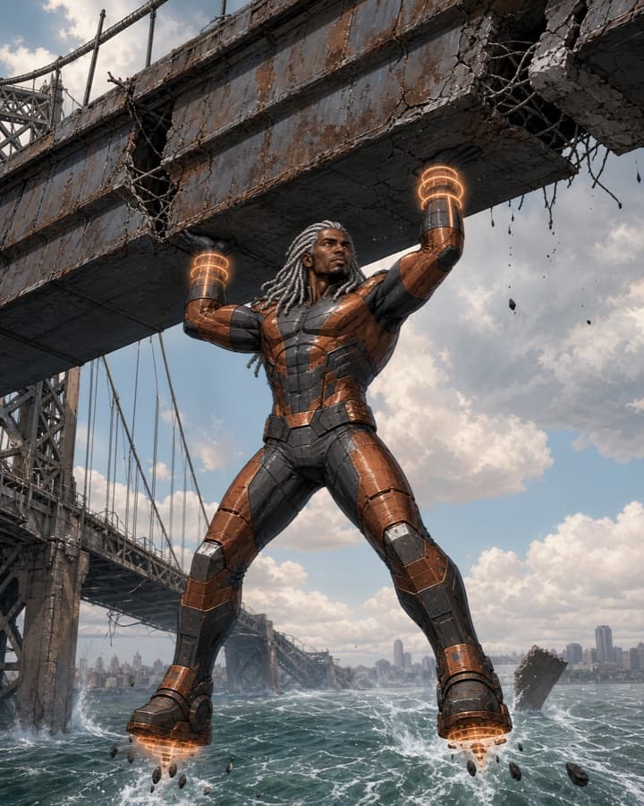 Gravity bridge engineer, an original superhero OC maker example created for Headcanon