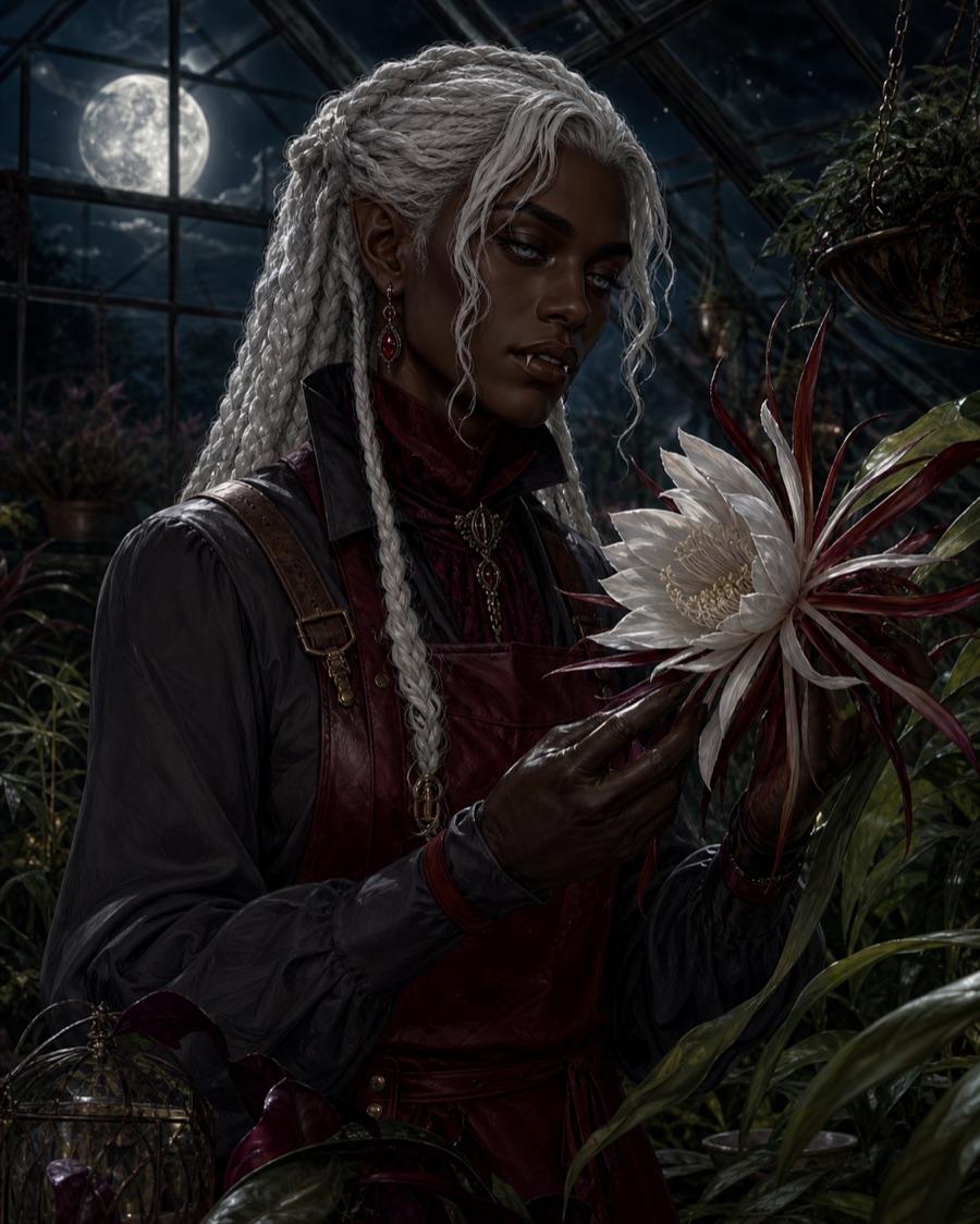 Nocturnal greenhouse keeper, an original vampire OC maker example created for Headcanon