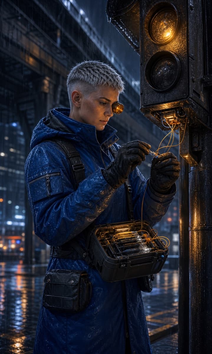 Original cyberpunk municipal signal technician created for the Headcanon Cyberpunk OC Maker
